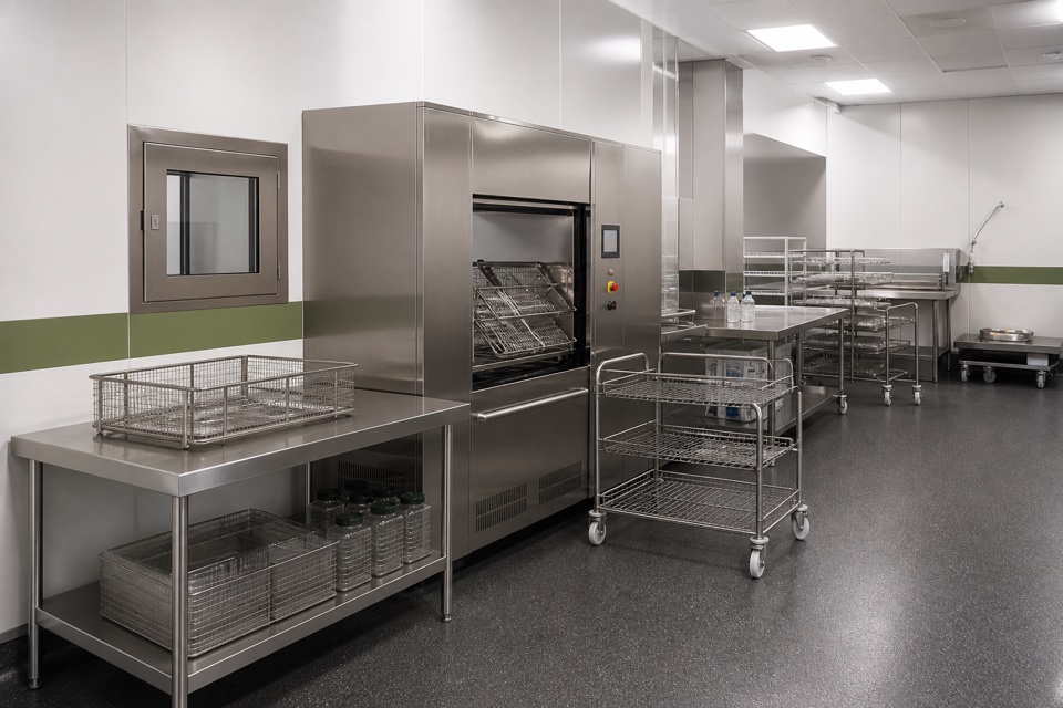 Cage washer, staging carts and stainless-steel worktables arranged for cage-processing workflow planning