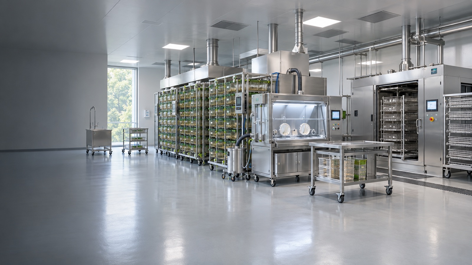 Connected vivarium equipment environment with ventilated housing, transfer and cage-processing systems