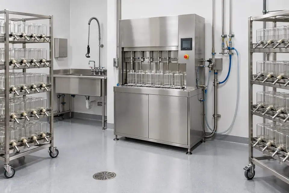 Animal water bottle filling equipment in a bottle preparation room
