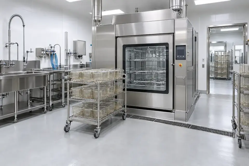 Cage and rack washer with loading cart in a vivarium washroom
