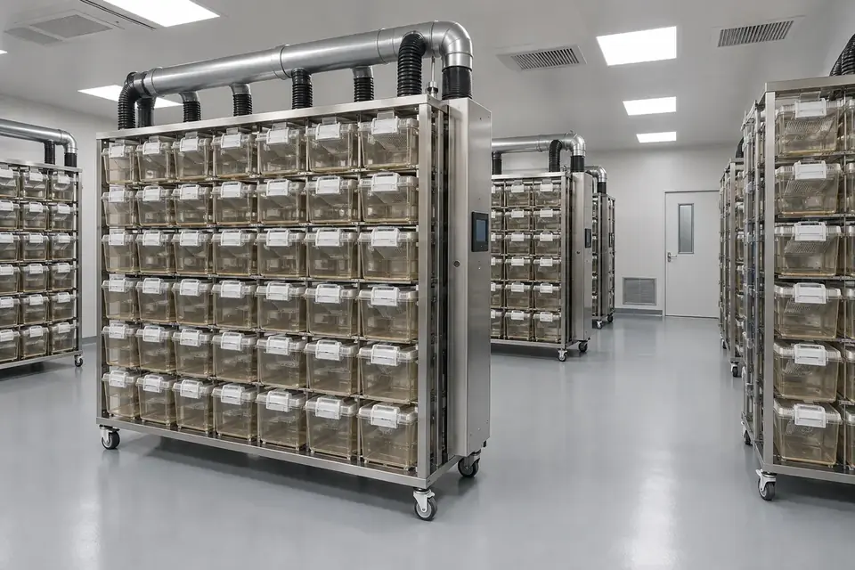 IVC cage racks arranged in a laboratory animal housing room