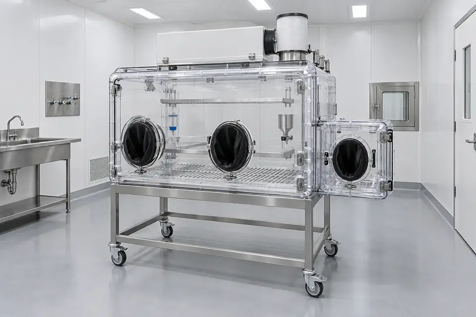 Laboratory animal isolator with glove ports and transfer chamber