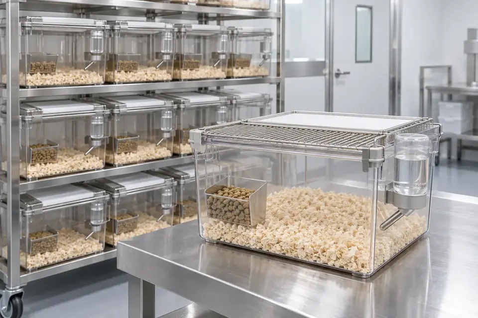 Mouse and rat housing cages in a rodent room