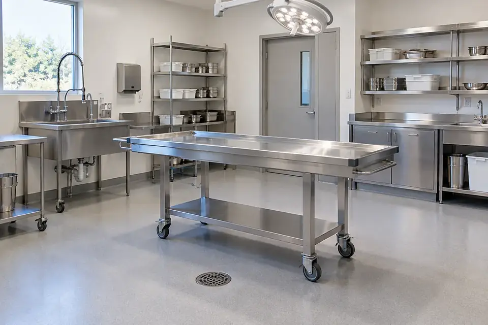 Stainless steel animal necropsy table in a procedure room