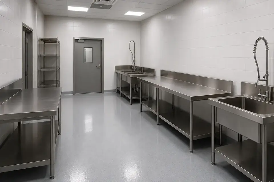 Stainless steel workbenches and storage in a laboratory support room