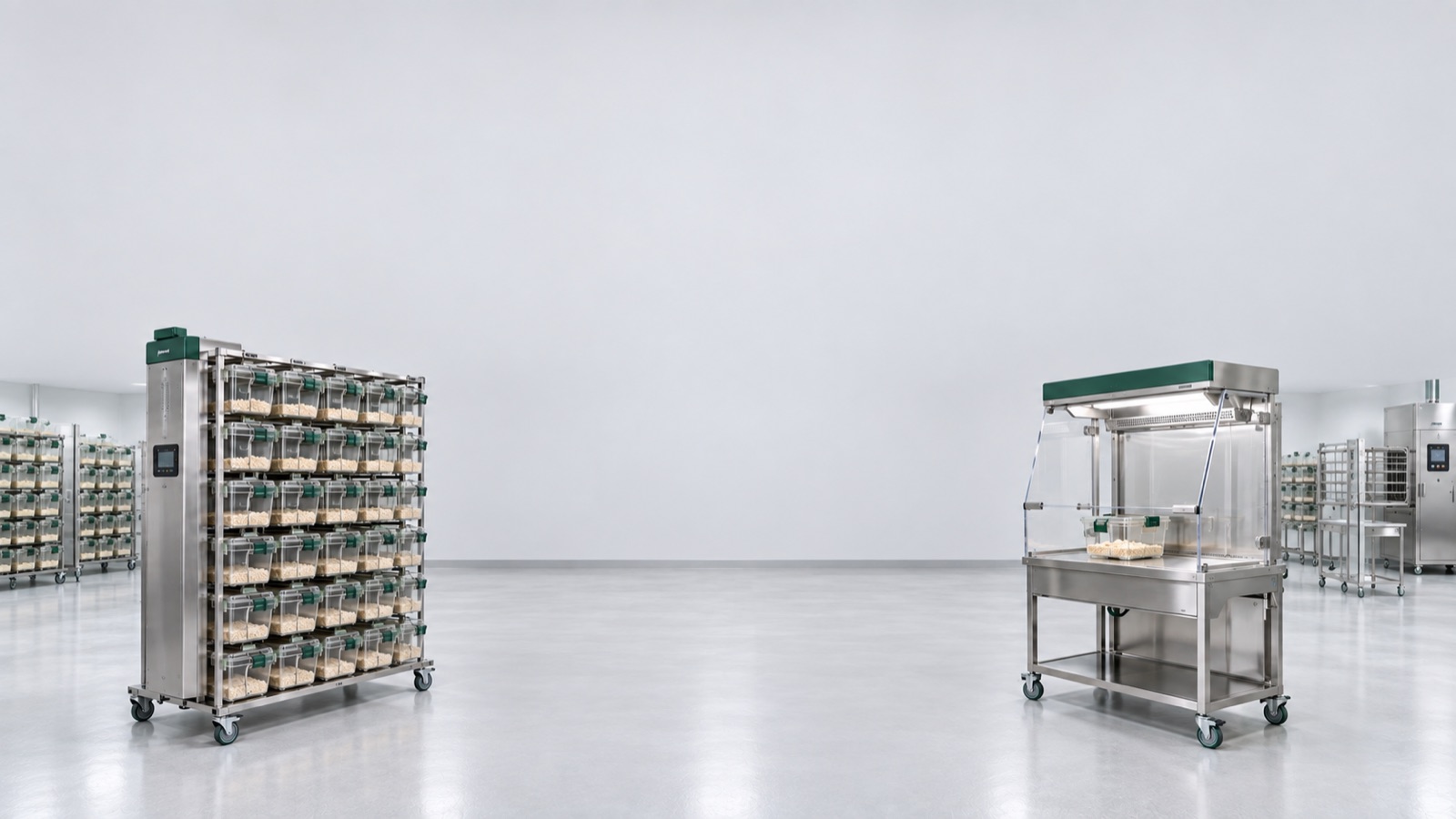 Ventilated cage racks and a cage changing workstation with additional equipment in adjacent facility areas