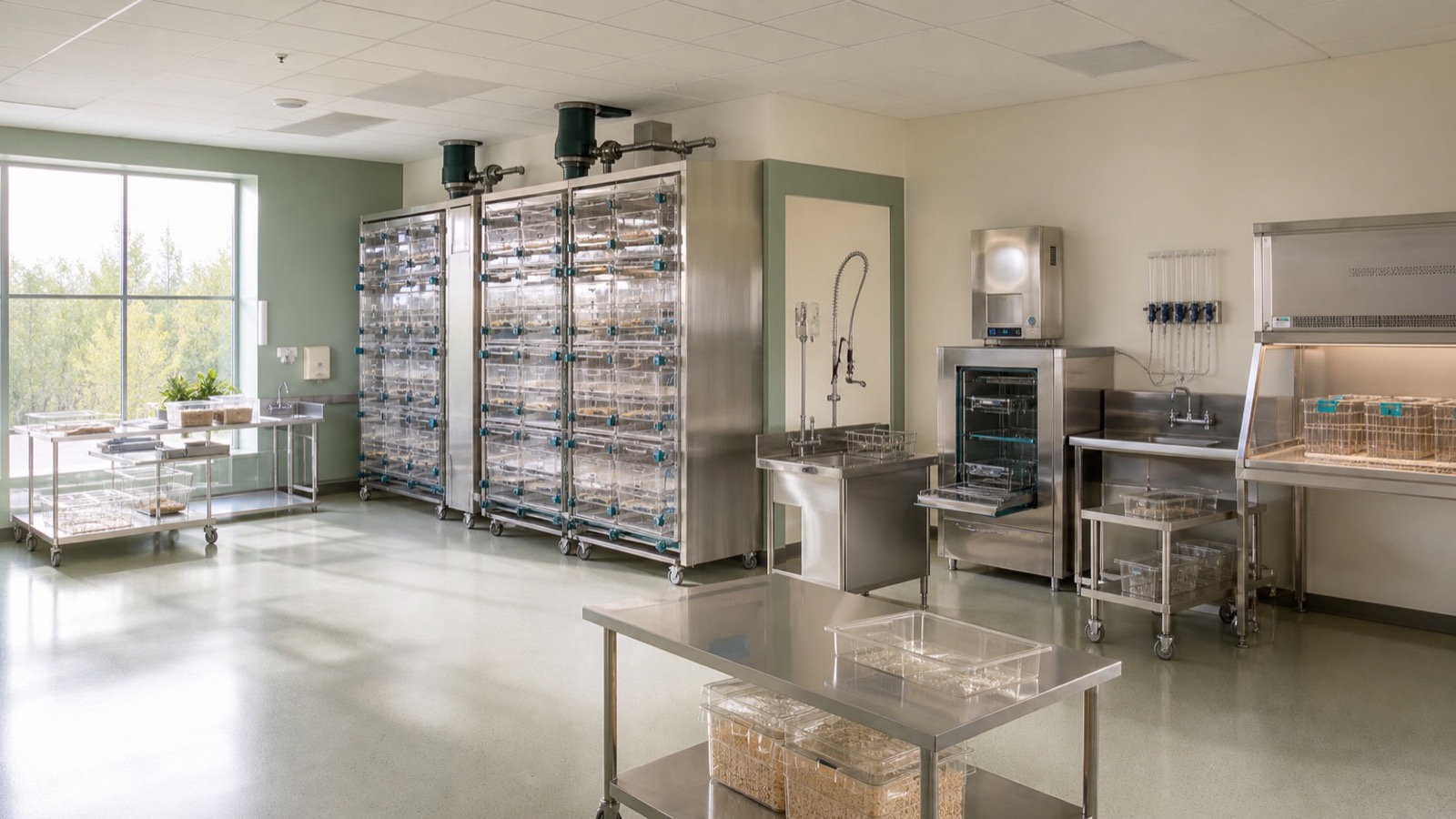 Integrated laboratory animal equipment line with ventilated housing, washing, water preparation and transfer workstations