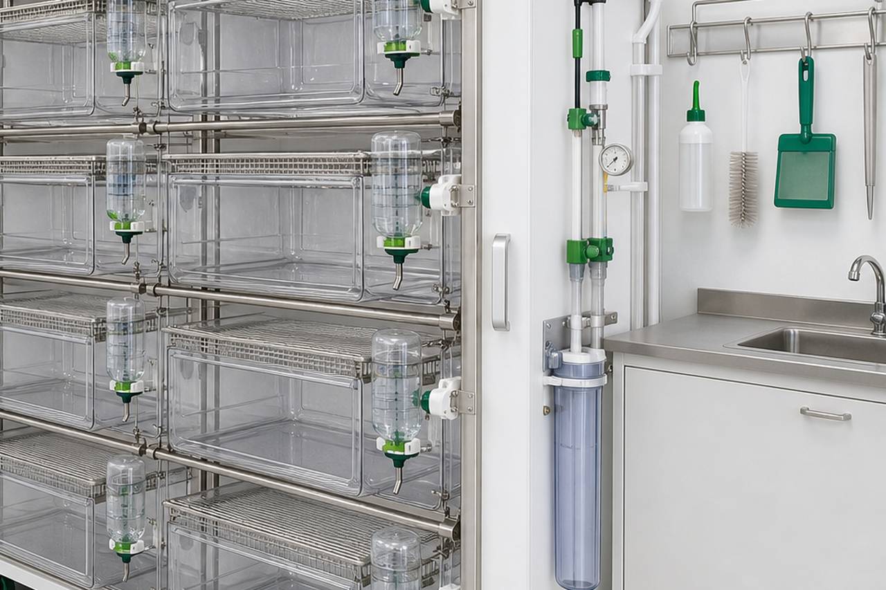 Guinea Pig IVC Housing Cage for External Bottle Use service access and utility view