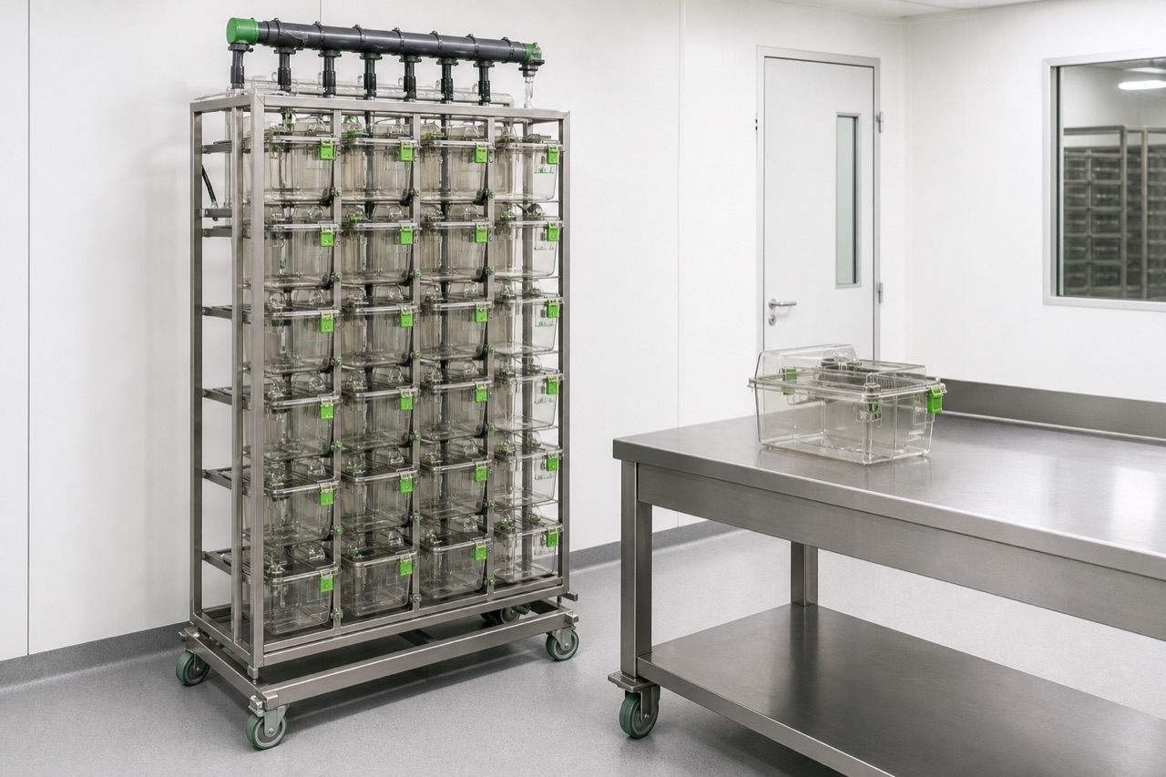 IVC Cage Rack use context beside a cage change table