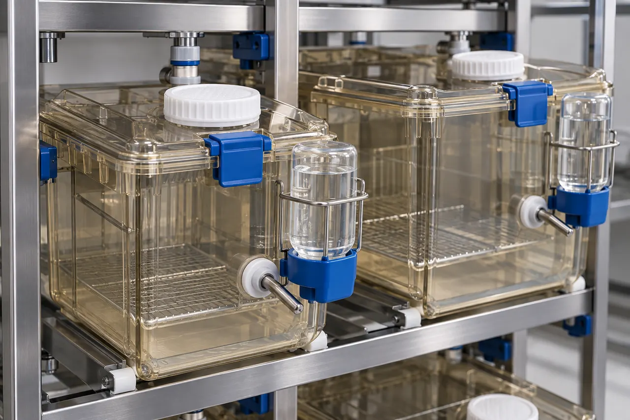 Mouse and Rat IVC Housing Cage for External Bottle Handling key hardware and interface detail