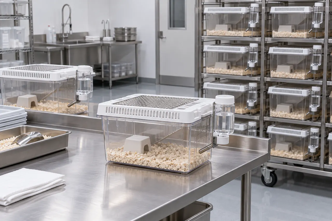 Mouse IVC Housing Cage for External Bottle Handling operation and use context