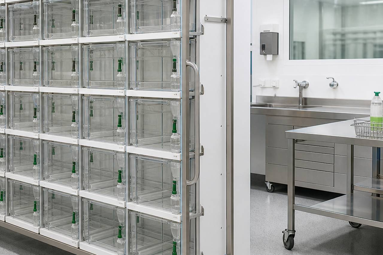 Mouse IVC Housing Cage for Internal Bottle Use service access and utility view