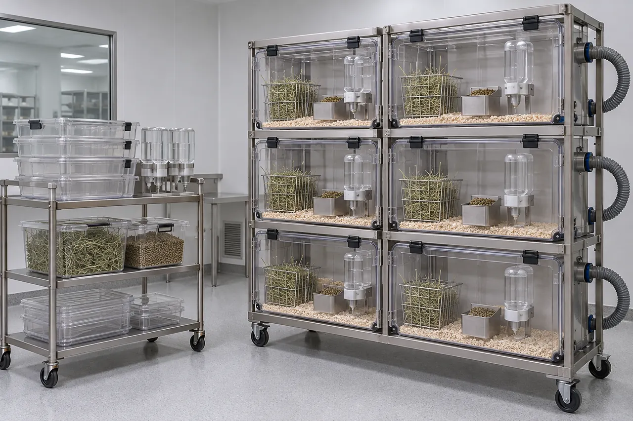 Rabbit IVC Housing Cage for Internal Bottle Handling operation and use context